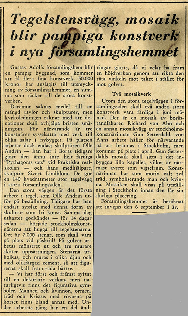 Tegelvägg, Gustav Adolfs församlingshem, Borås 1957