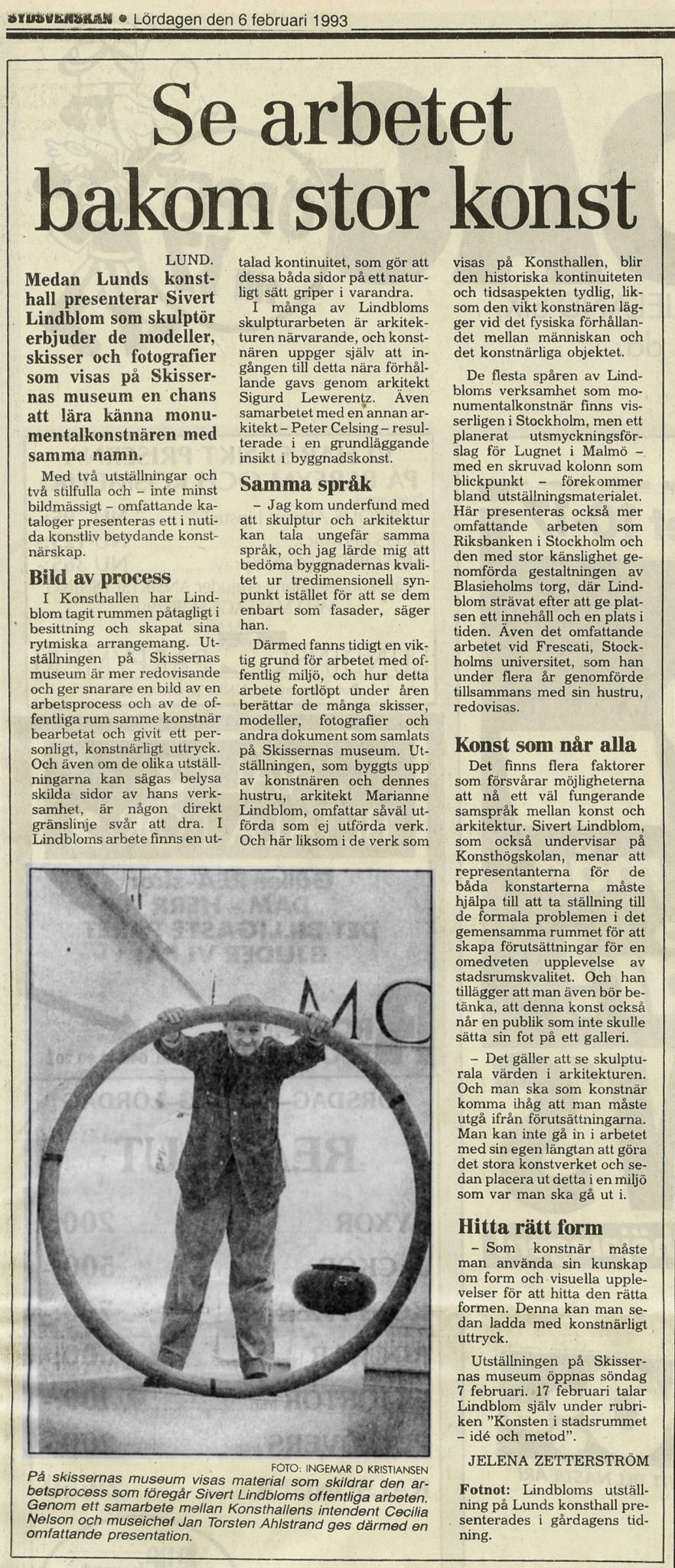 Lunds konsthall, Skissernas museum — Sydsvenskan 6.02.93 — sida 1