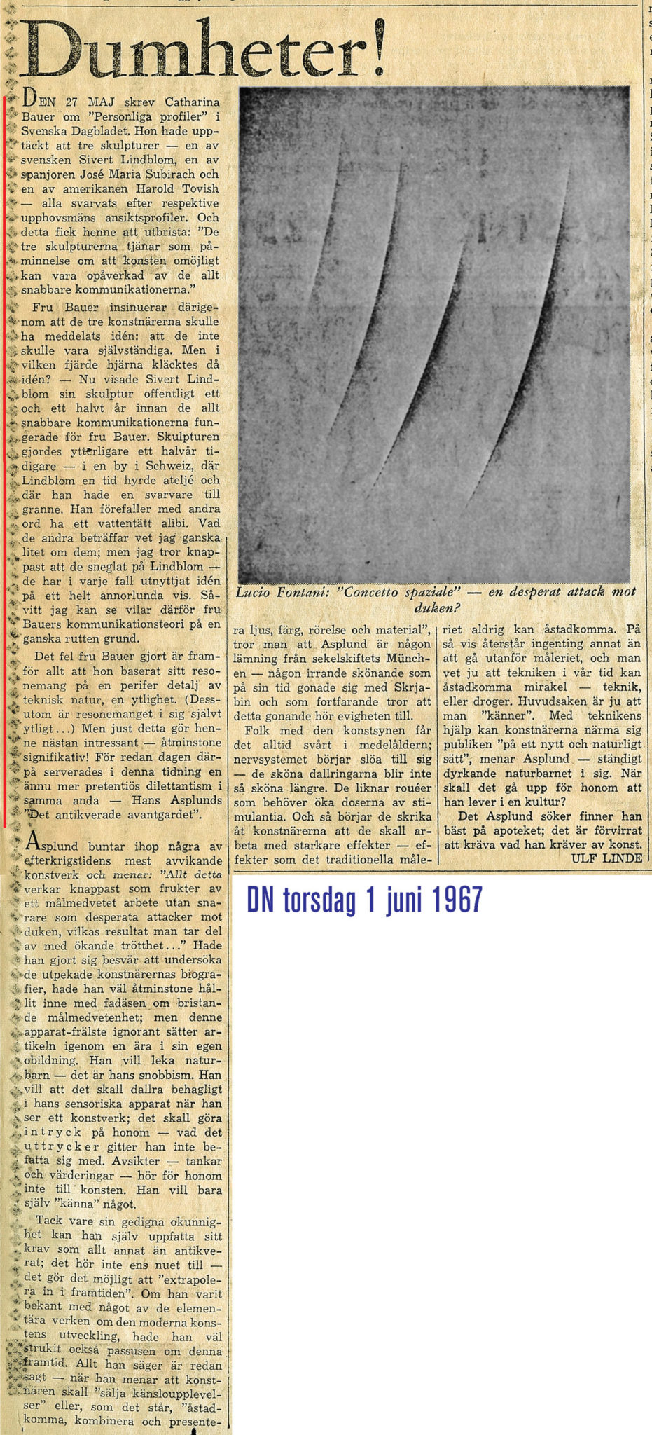 DN 1.06.67 — Ulf Linde — försvar — sida 1